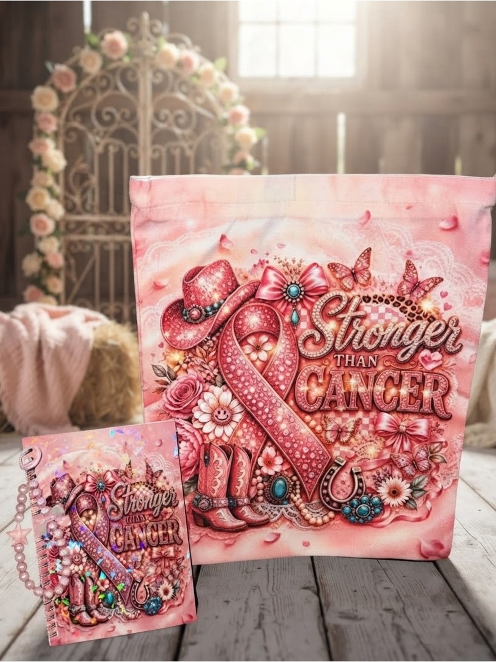 Stronger Than Cancer Pink Awareness Tote Bag & notebook & keychain